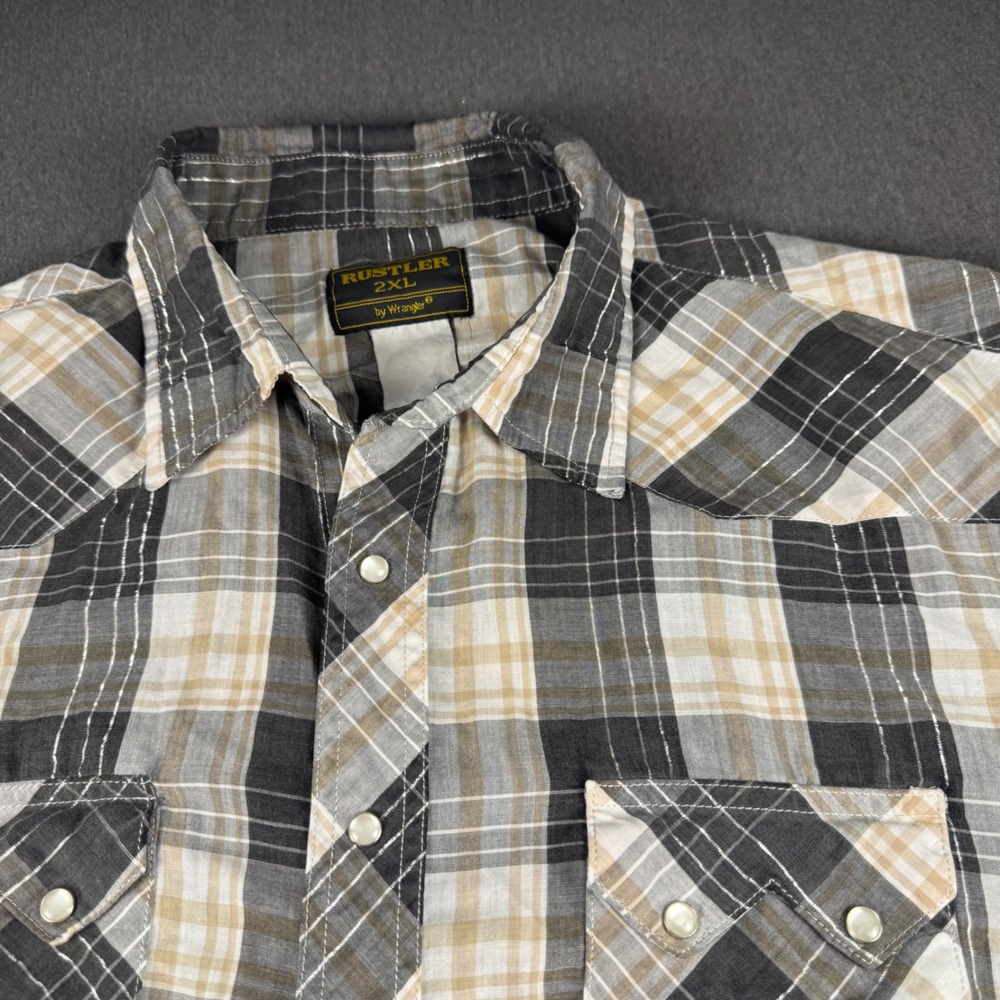 Rustler by Wrangler Mens 2XL Western Pearl Snap Shirt Plaid Black Tan Silver